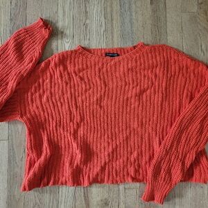 Eileen Fisher Orange Organic Cotton Crew Neck Sweater with Ribbed Texture
